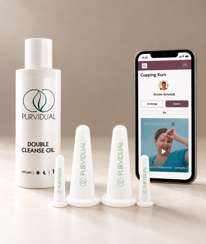 Komplett-Set: PURVIDUAL Double Cleanse Oil, zwei große und zwei kleine Cups und der Cupping Kurs auf dem Smartphone